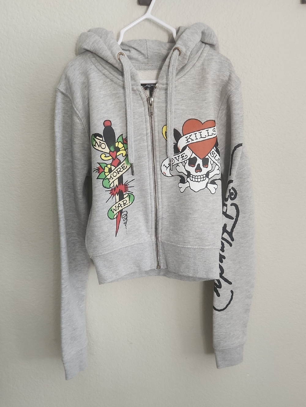 Ed Hardy Womens Light Grey Zip Hoodie with Branded Label Sz XS